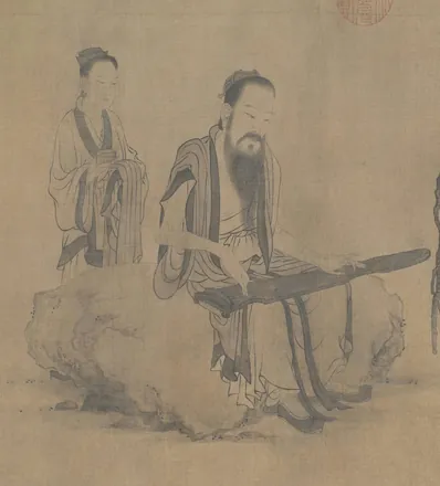 Boya, seated on a rock, plays a qin across his knees while an attendant stands behind him.