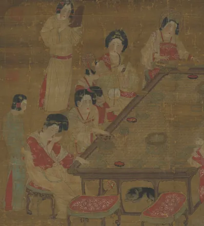 Court ladies sit around a large table playing pipa, zheng, sheng, a reed pipe and clappers while others sip tea; a small dog lies beneath the table.