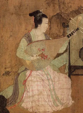 A woman plays the pipa at a night gathering while Han Xizai and his guests sit and stand around a table of food, listening.