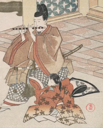 A court noble plays a transverse flute on a palace veranda under the moon, accompanying a masked bugaku dancer, with a page kneeling beside him.