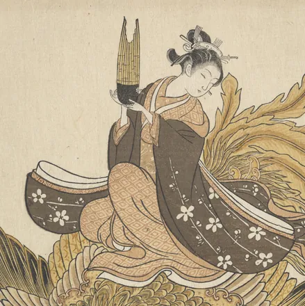 A young woman rides a phoenix through the sky, holding a shō mouth organ to her lips.